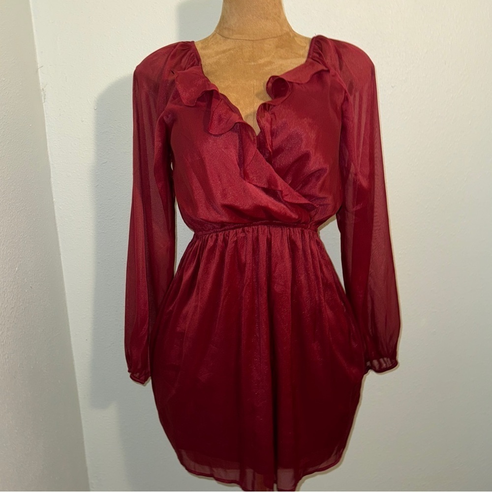 andree by unit Burgundy Red Dress, Ruffle V Neck, Sheer Overlay S party